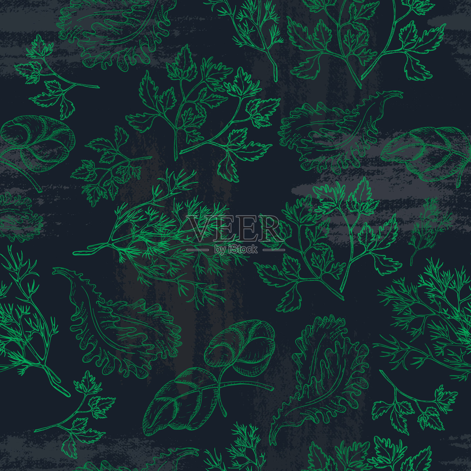 缝合线图案与手绘树叶的绿色插画图片素材