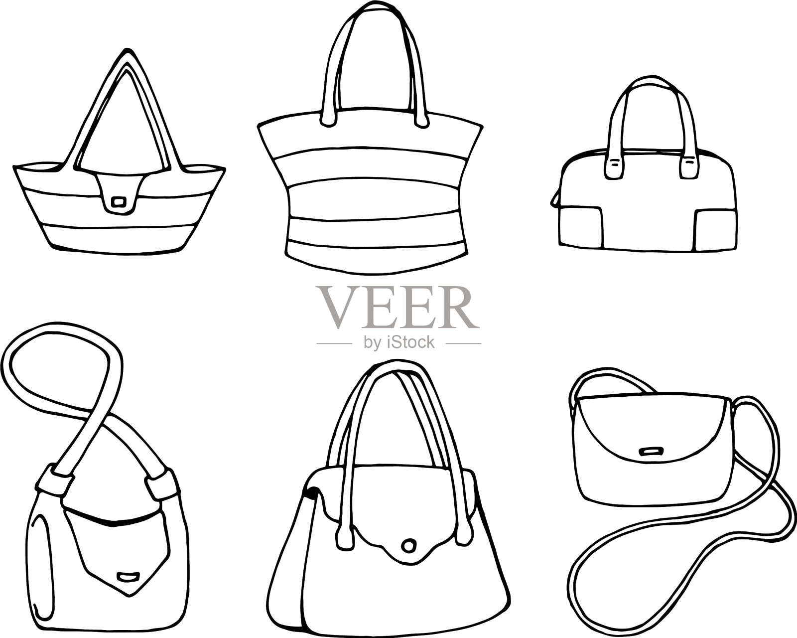 把六个女人的包放在白色的背景上插画图片素材