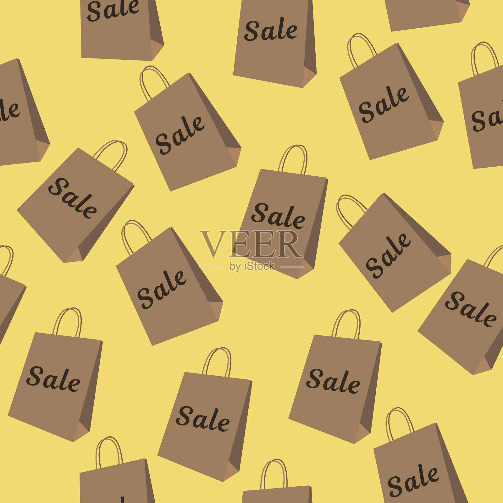 无缝图案与棕色纸袋标签出售在黄色的背景。在店里出售。设计元素图片