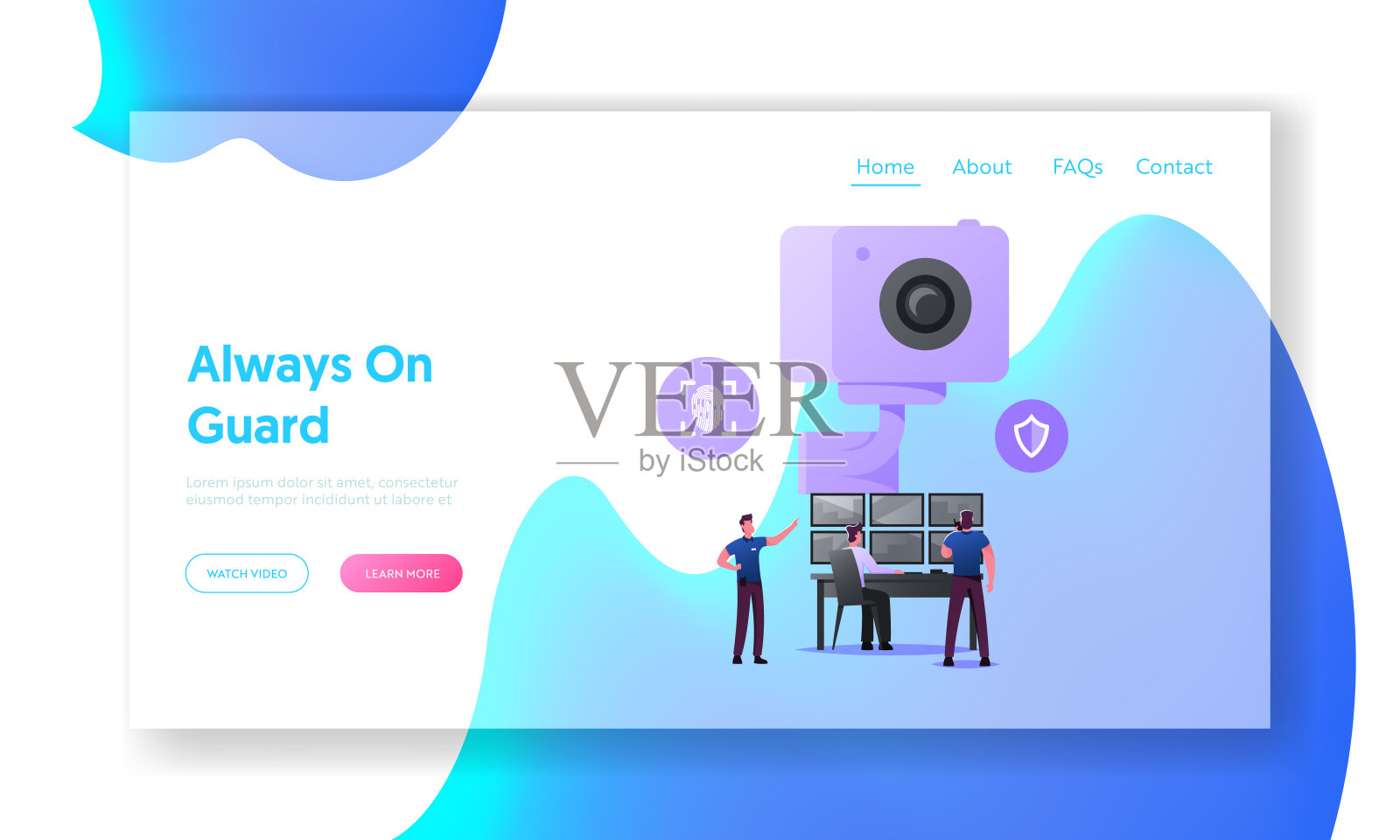 安全字符监视监视系统登陆页面模板。保护财产的技术。男人们在巨大的摄像机前看着多台显示器。卡通人物矢量插图插画图片素材