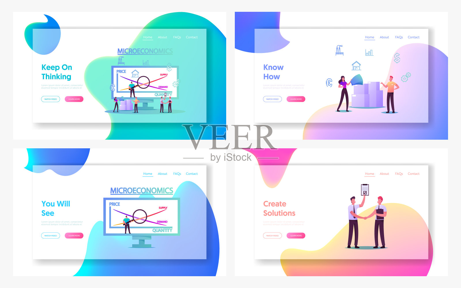 微观经济学着陆页模板集。本地商户增加货币利润，产品正价值。个别公司资源价格平衡。卡通人物矢量插图插画图片素材
