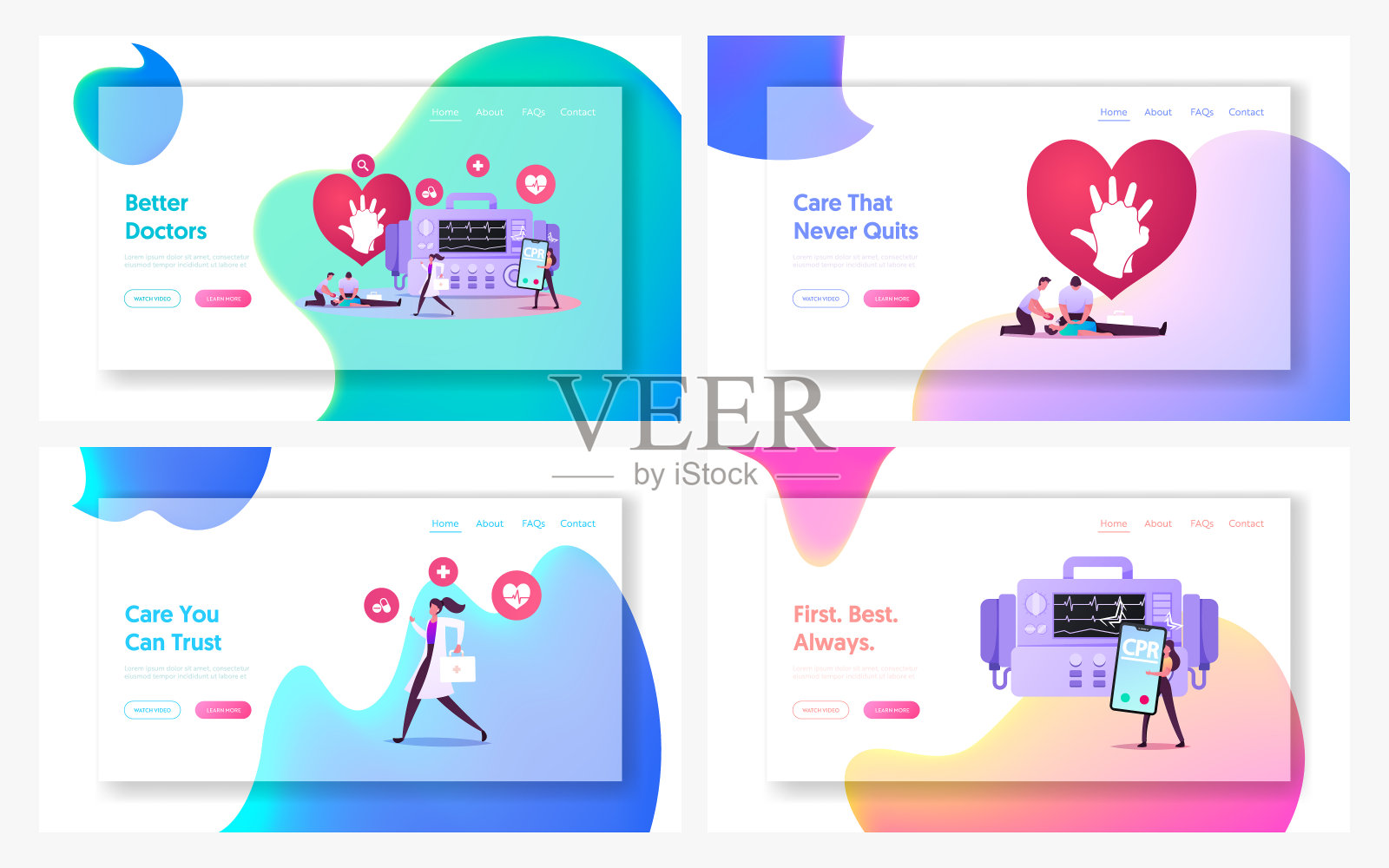 心肺复苏急救程序登陆页面模板集。医生角色救护车，重症医师对危重病人进行除颤。卡通人物矢量插图插画图片素材
