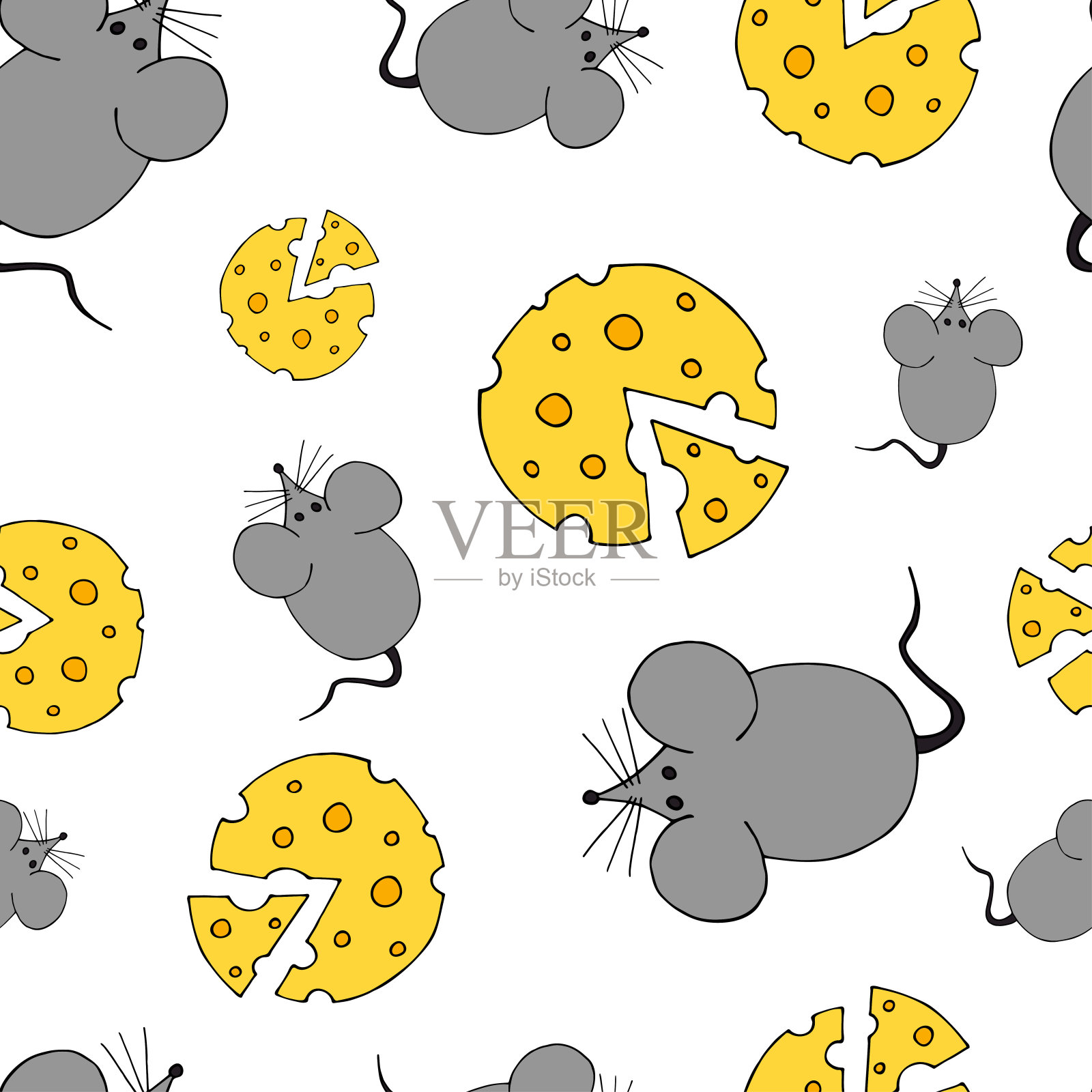 灰色鼠标和奶酪涂鸦卡通手绘无缝图案上的白色插画图片素材