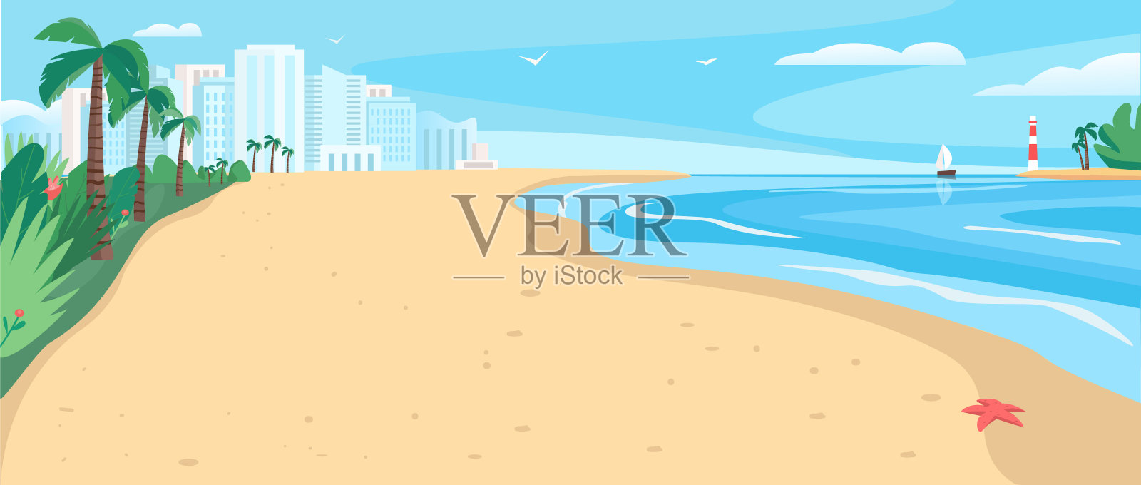 沙滩平面颜色矢量插图插画图片素材