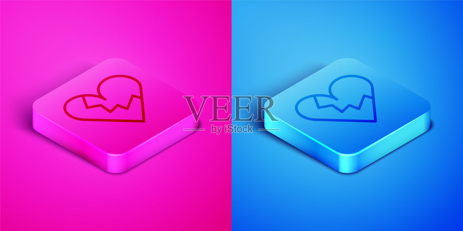 破碎的心或离婚图标孤立在粉色和蓝色的背景上。爱的象征。情人节。方形按钮。向量图标素材