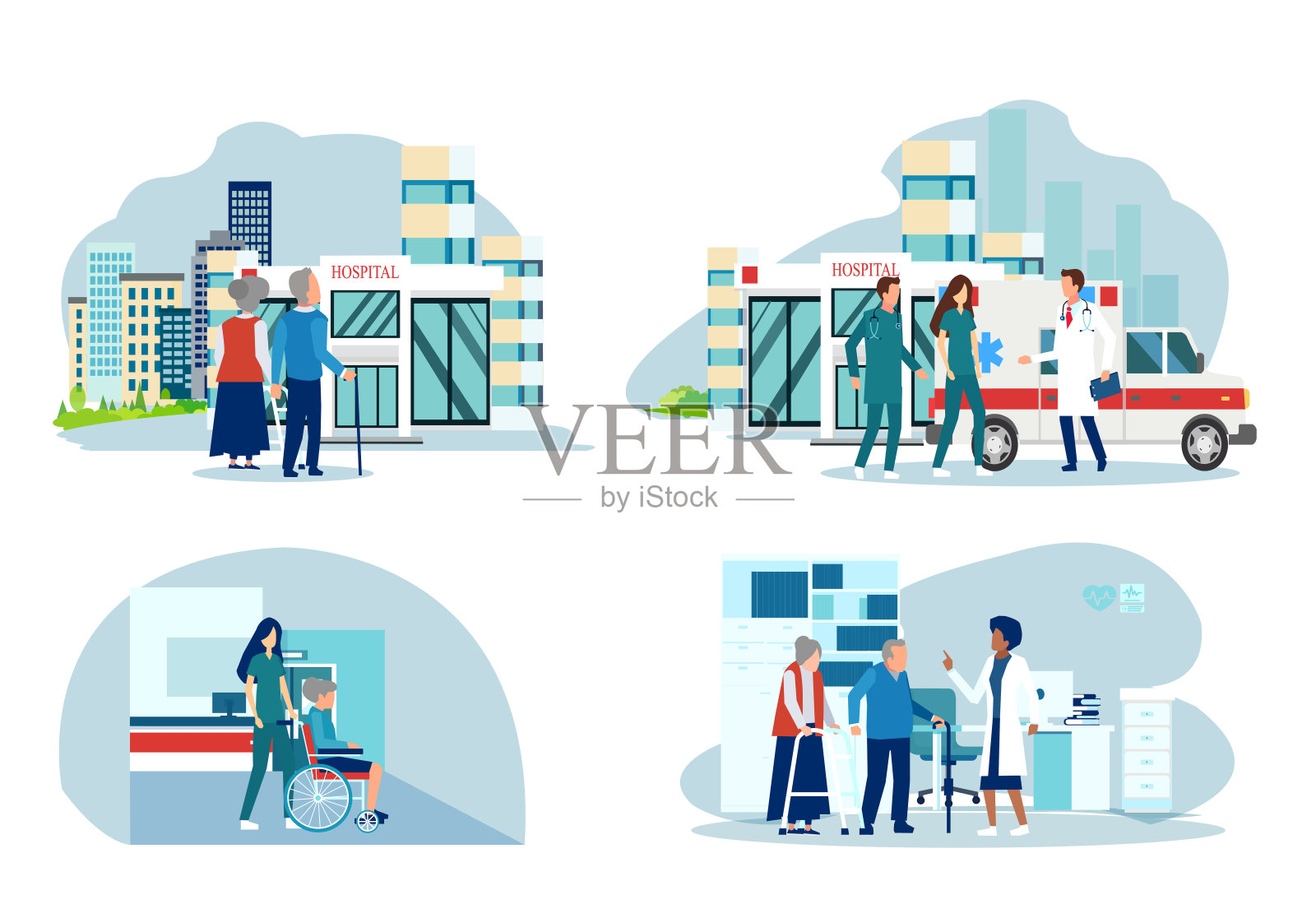 Vector的老年人祖母和祖父被送入医院，并由医生和护士协助插画图片素材