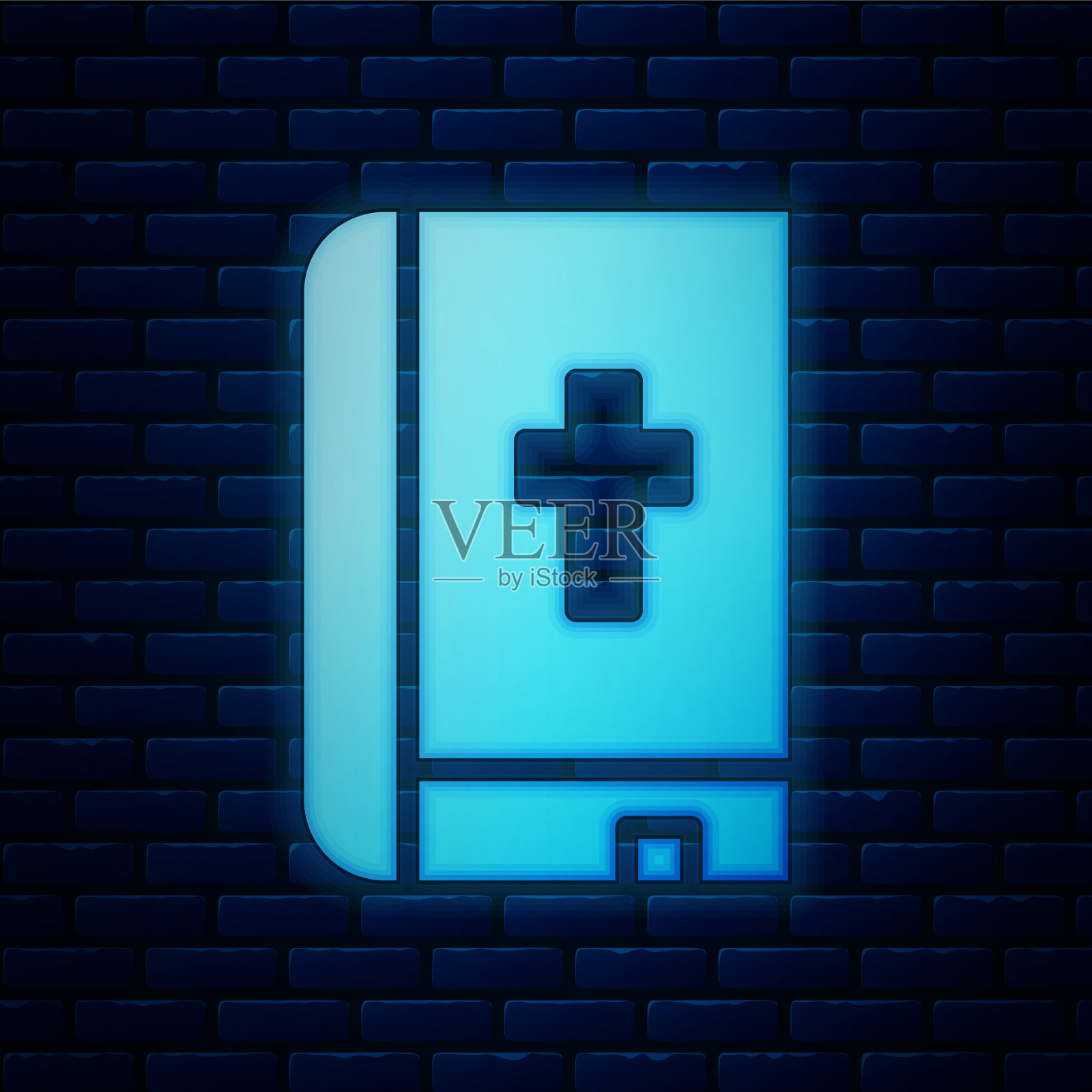 发光的霓虹灯圣经书的图标孤立在砖墙的背景。向量插画图片素材