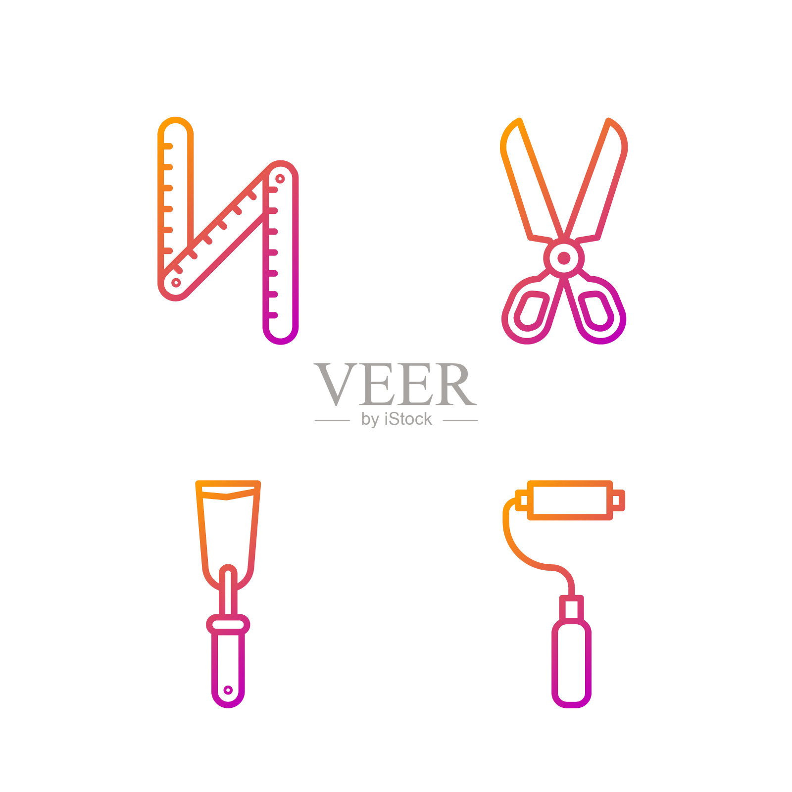 油漆滚筒刷，油灰刀，折叠尺和剪刀。渐变颜色图标。向量图标素材