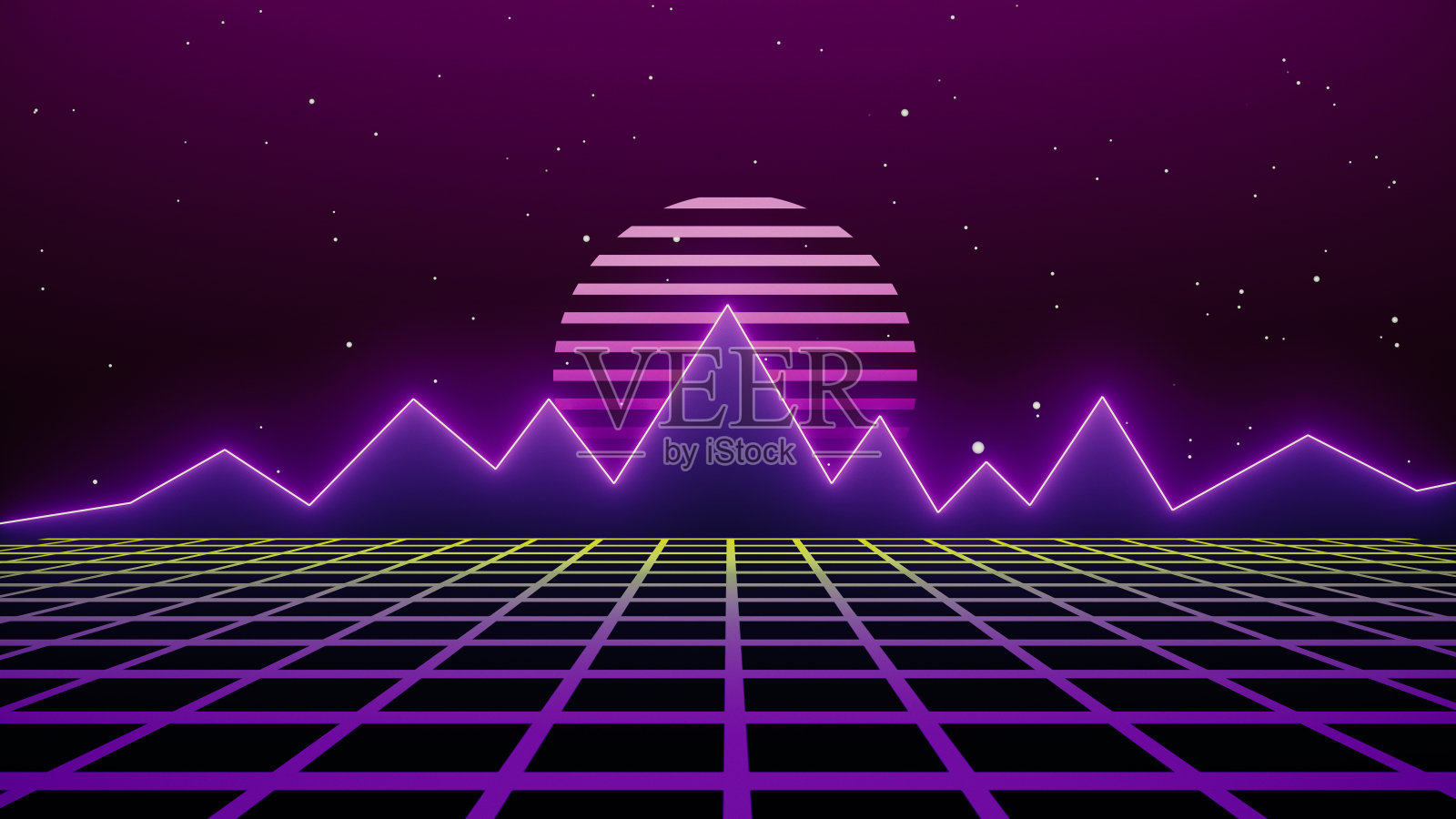 复古科幻背景的未来网格景观80年代。数字网络表面。适合80年代风格的设计。三维演示插画图片素材