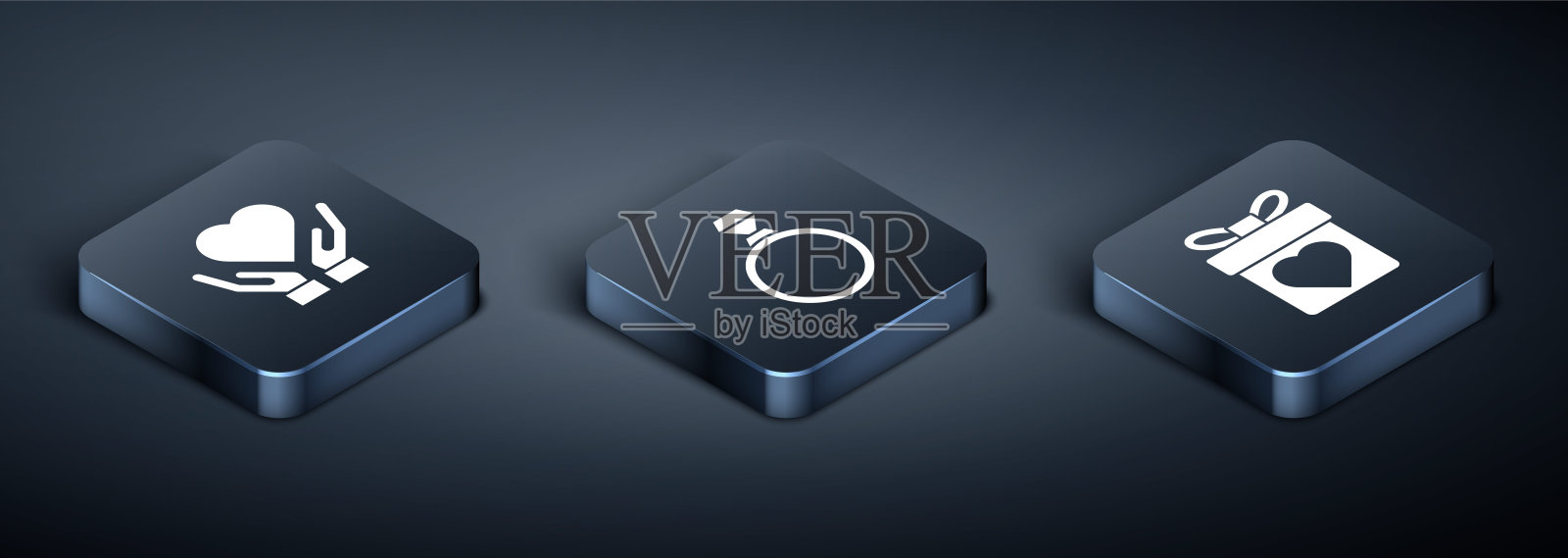 设置等距心脏在手，礼品盒与心和钻石订婚戒指图标。向量图标素材