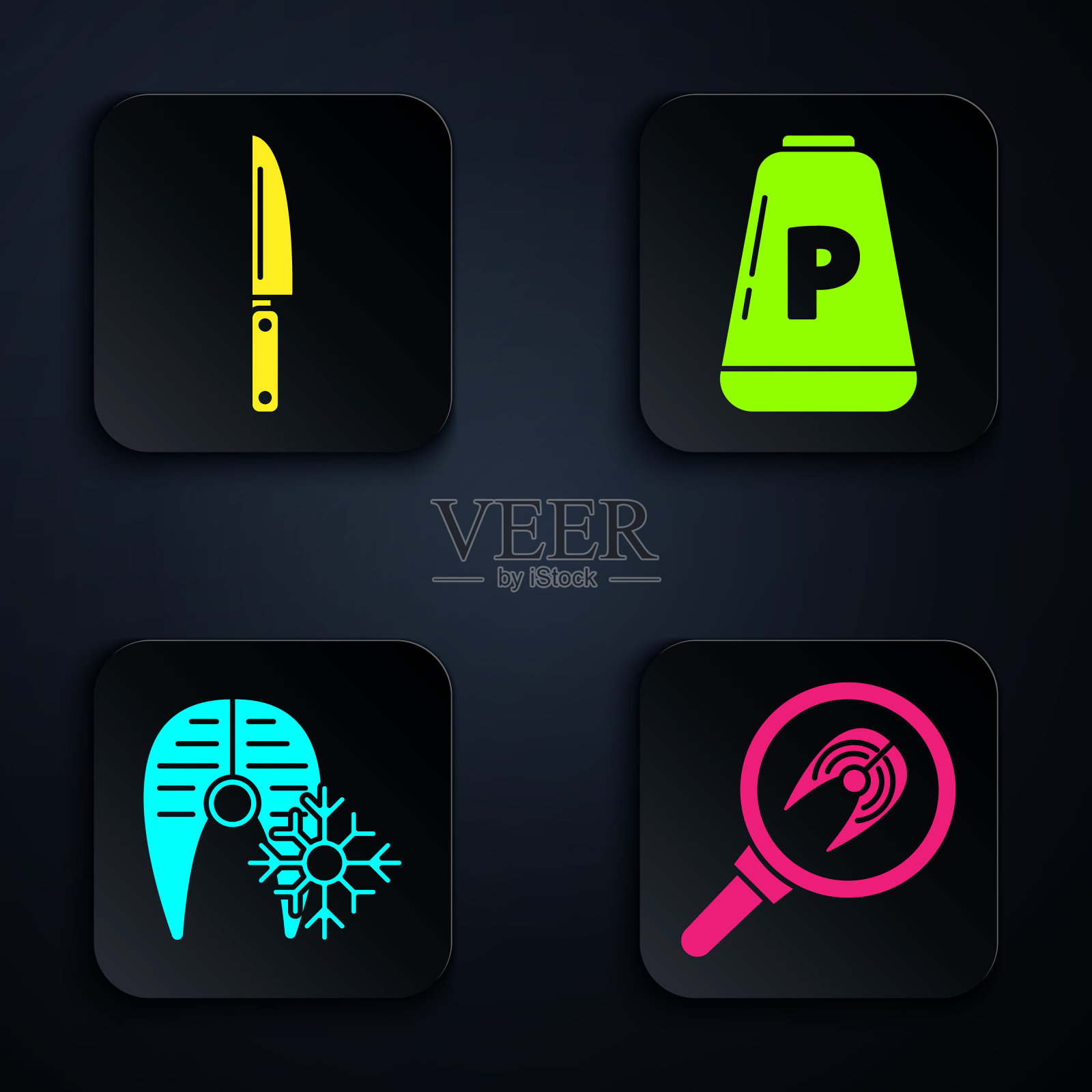 煎锅鱼排，刀，新鲜冷冻鱼排和胡椒。黑色方形按钮。向量图标素材