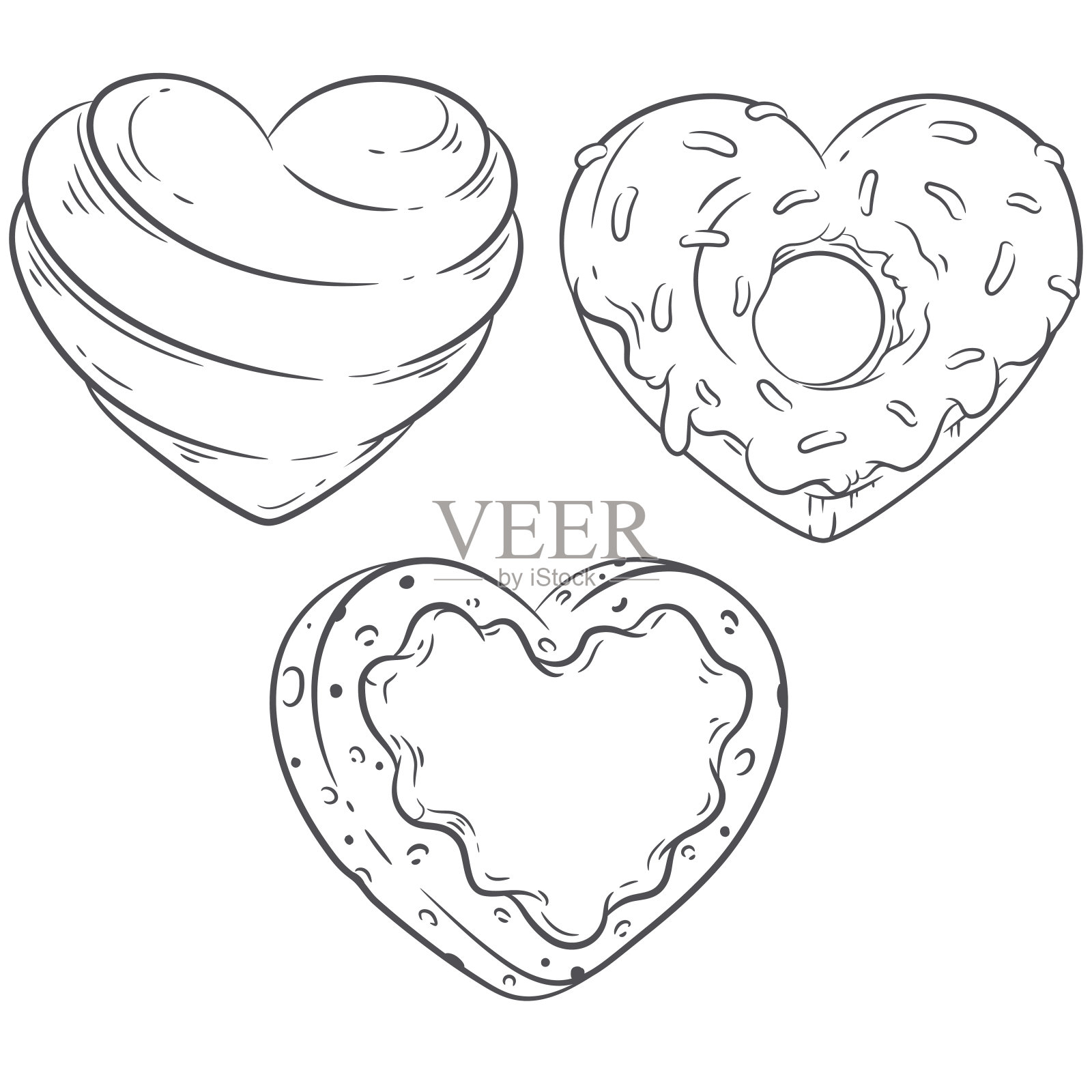 心形的糖果，甜甜圈和饼干矢量线艺术插图设置。涂色书籍页面设计。情人节设计套装。插画图片素材