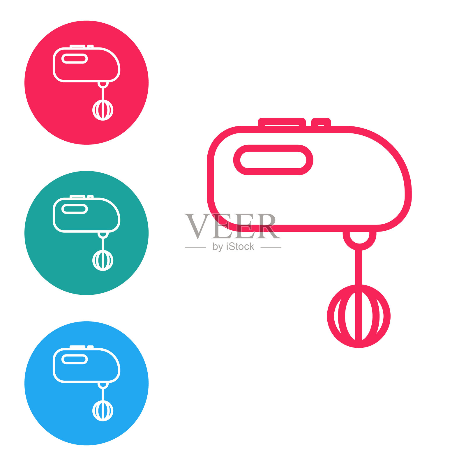 红色线电动混频器图标隔离在白色背景。厨房的搅拌器。在圆形按钮中设置图标。矢量图插画图片素材