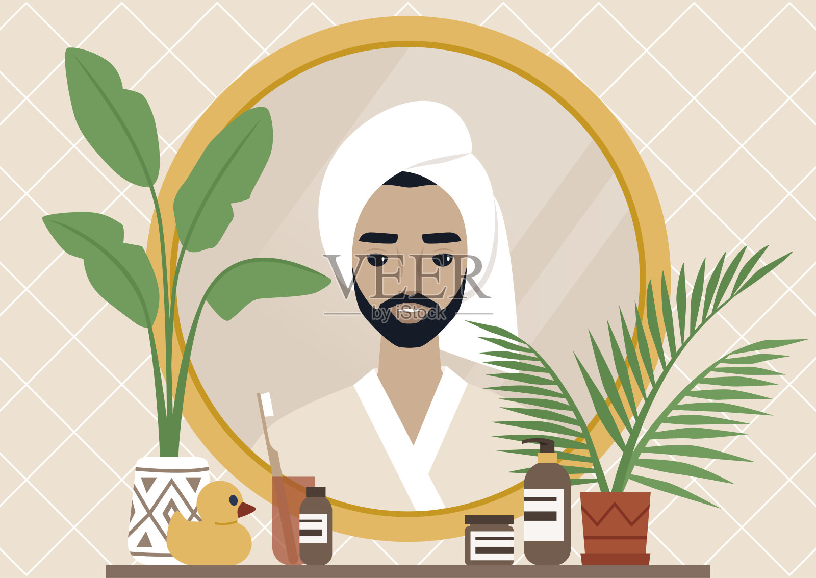 镜子的倒影，一个留着胡子的年轻男性角色，头的一侧裹着一条毛巾，日常的身体护理，波西米亚风格的室内装潢，自然的图案和植物插画图片素材