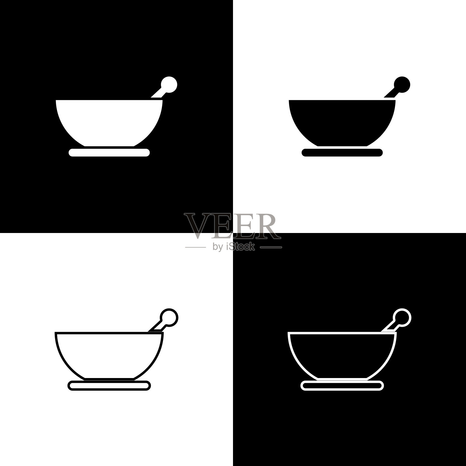 设置臼和杵的图标孤立的黑色和白色背景。矢量图图标素材