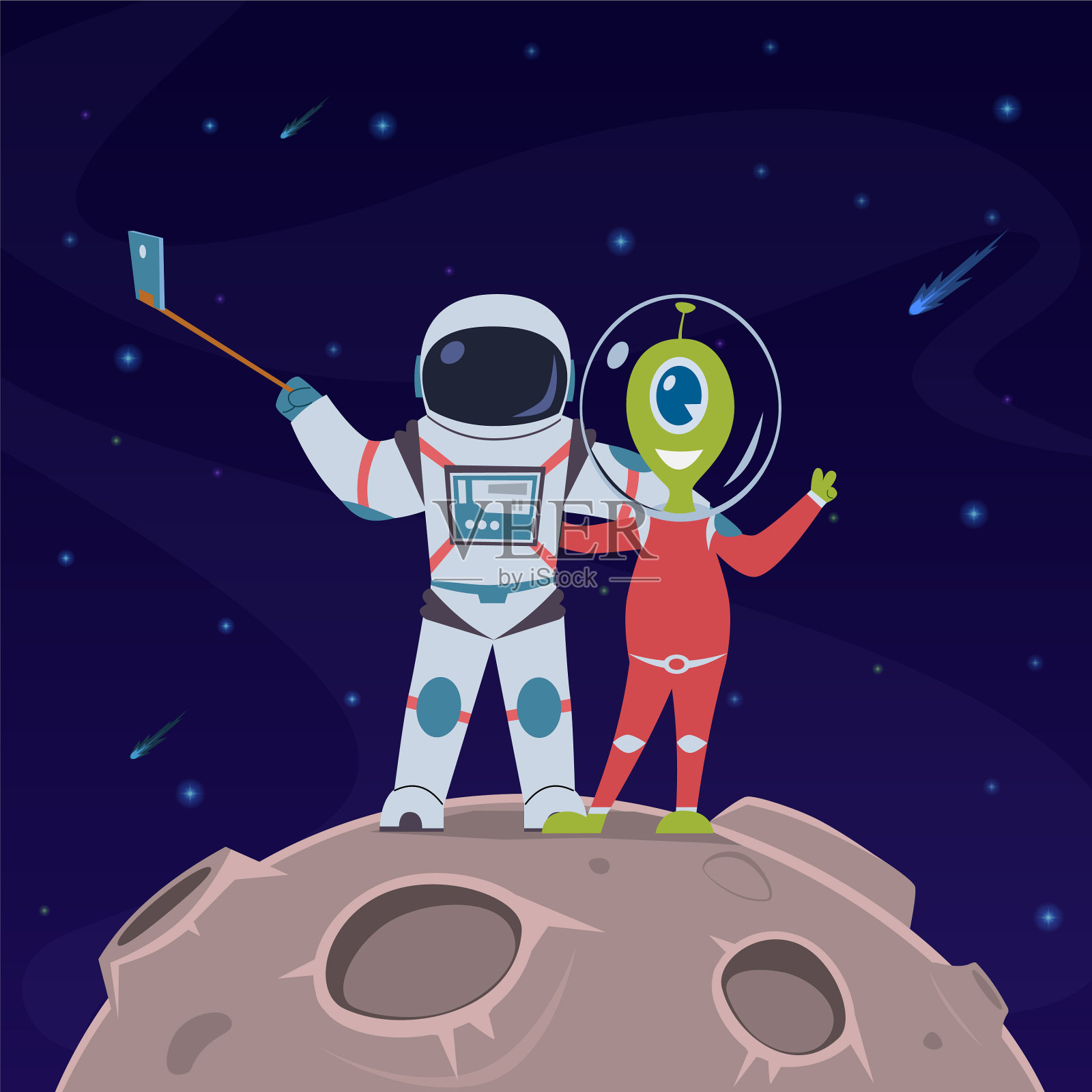 宇航员和外星人之间的自拍友谊插画图片素材