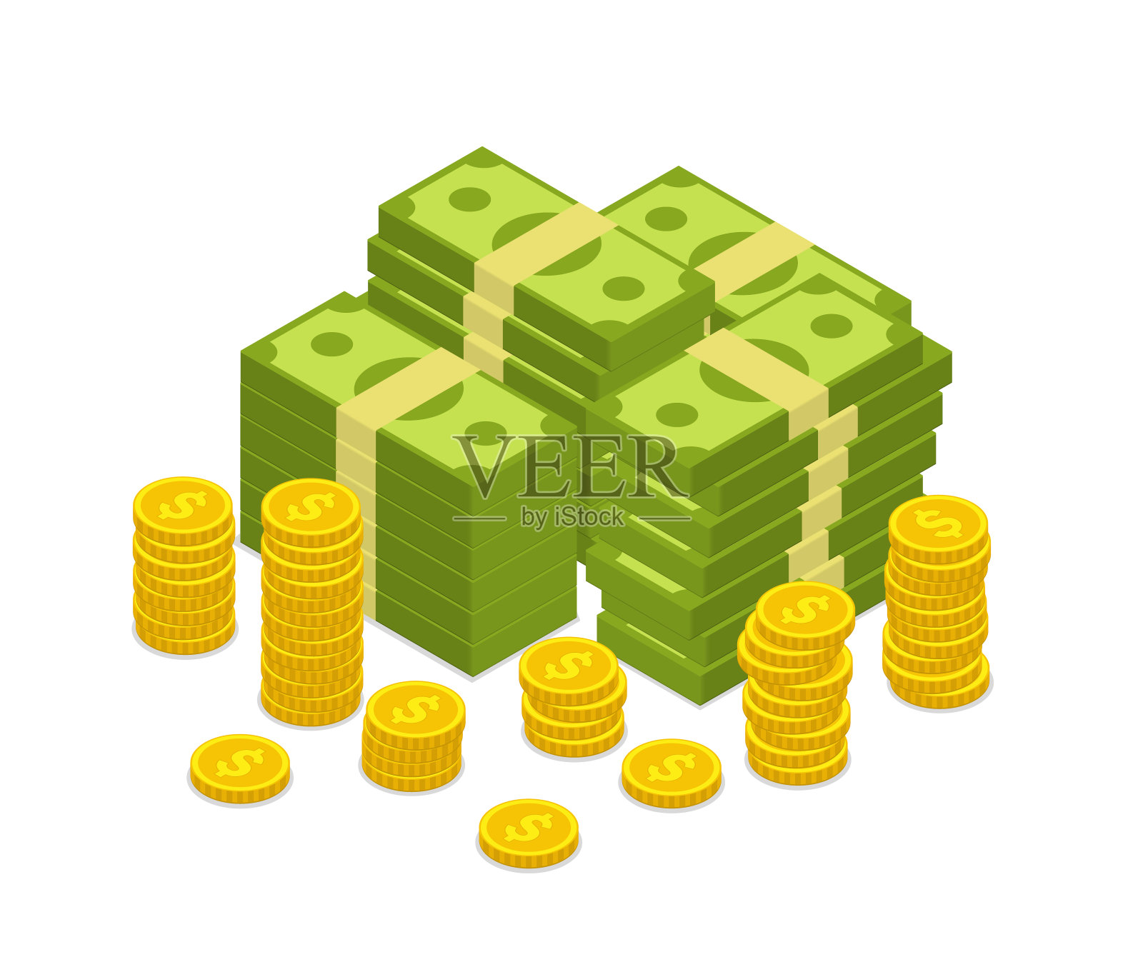 等距堆钱与硬币的图标。堆积如山的美元钞票用于商业信贷。金融经济的概念。财富或富有的标志。卡通纸币。头奖彩票的象征。向量。插画图片素材