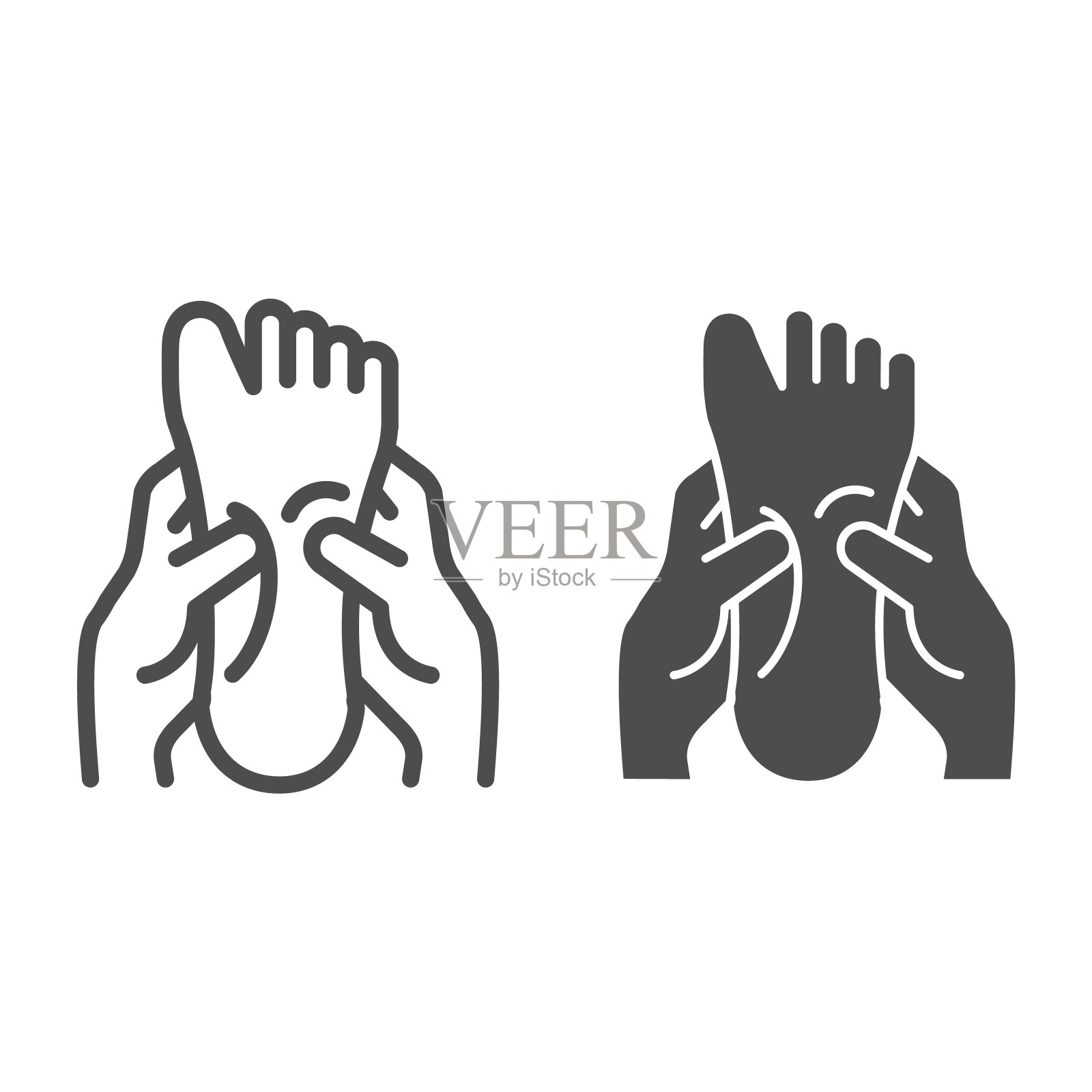 两只手按摩一只脚线和固体图标，水疗沙龙程序概念，脚按摩标志在白色背景，脚护理图标轮廓风格的移动概念和网页设计。矢量图形。插画图片素材