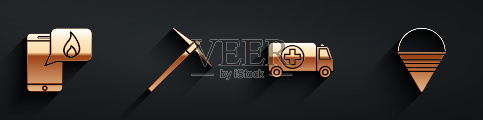 设置电话与紧急呼叫911,Pickaxe，救护车和紧急汽车和消防锥桶图标与长影子。向量插画图片素材