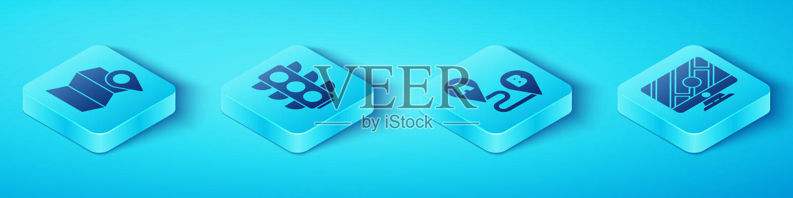 设置等距折叠地图与位置标记，交通灯，监视器与位置标记和路线位置图标。向量图标素材