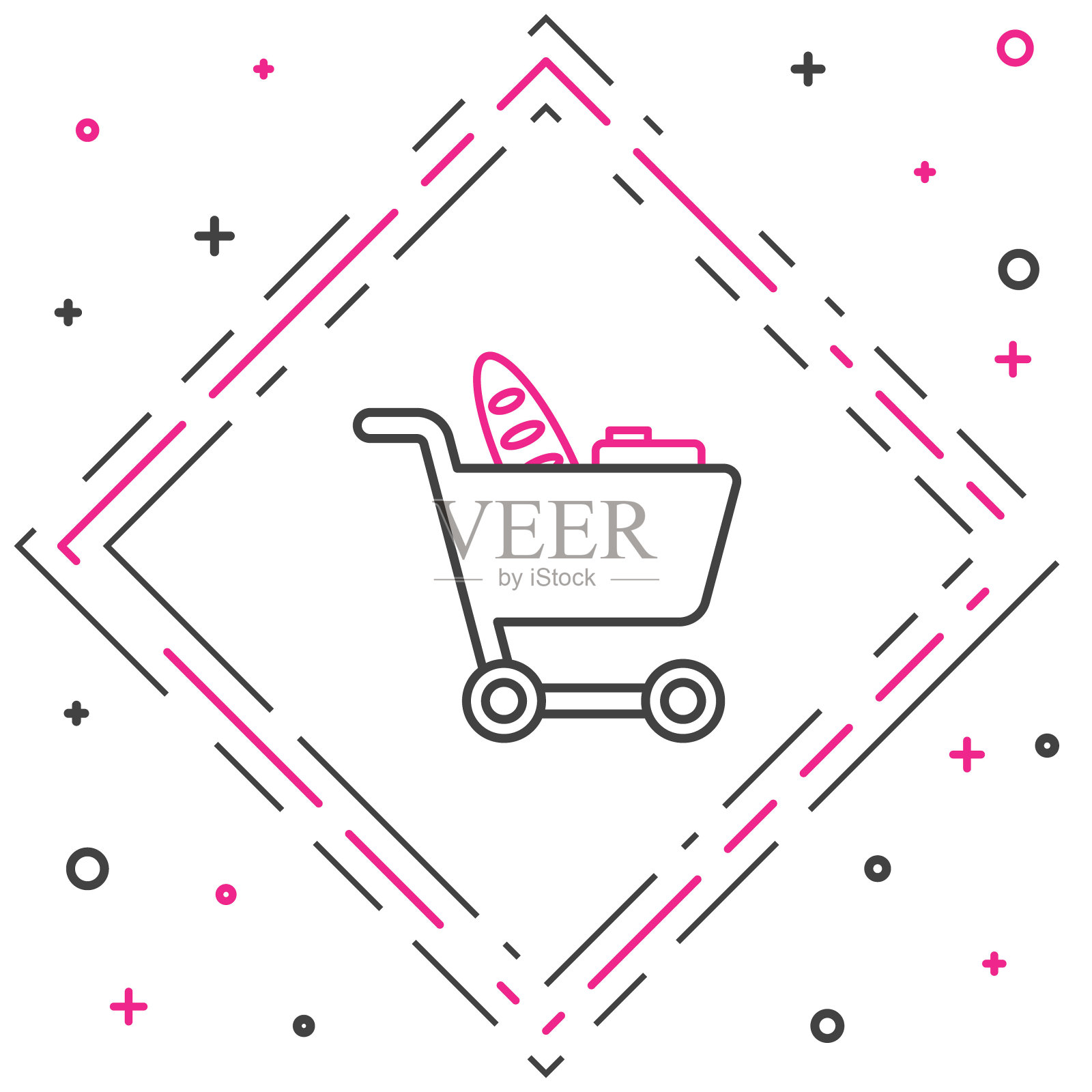 排队购物车和食品图标孤立的白色背景。食品商店,超市。色彩斑斓的轮廓的概念。矢量图插画图片素材