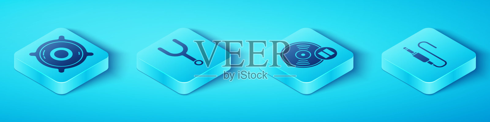 设置等距立体声扬声器，音乐音叉，音频插孔和黑胶盘图标。向量插画图片素材