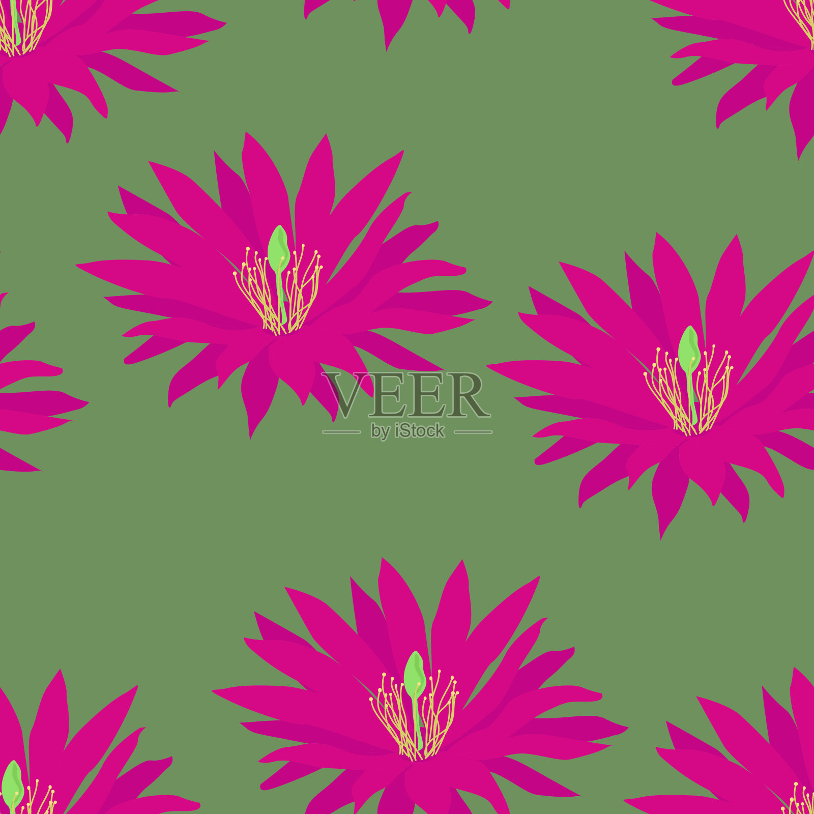 红色花朵在深绿色背景上的无缝图案插画图片素材