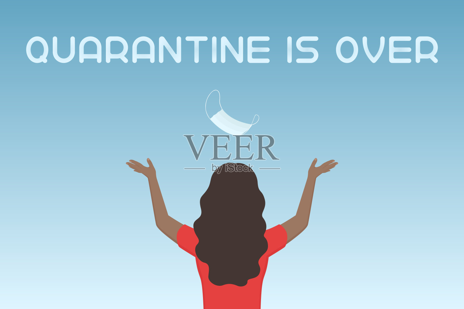 非裔美国妇女向空中扔医用口罩。检疫结束了。矢量图插画图片素材