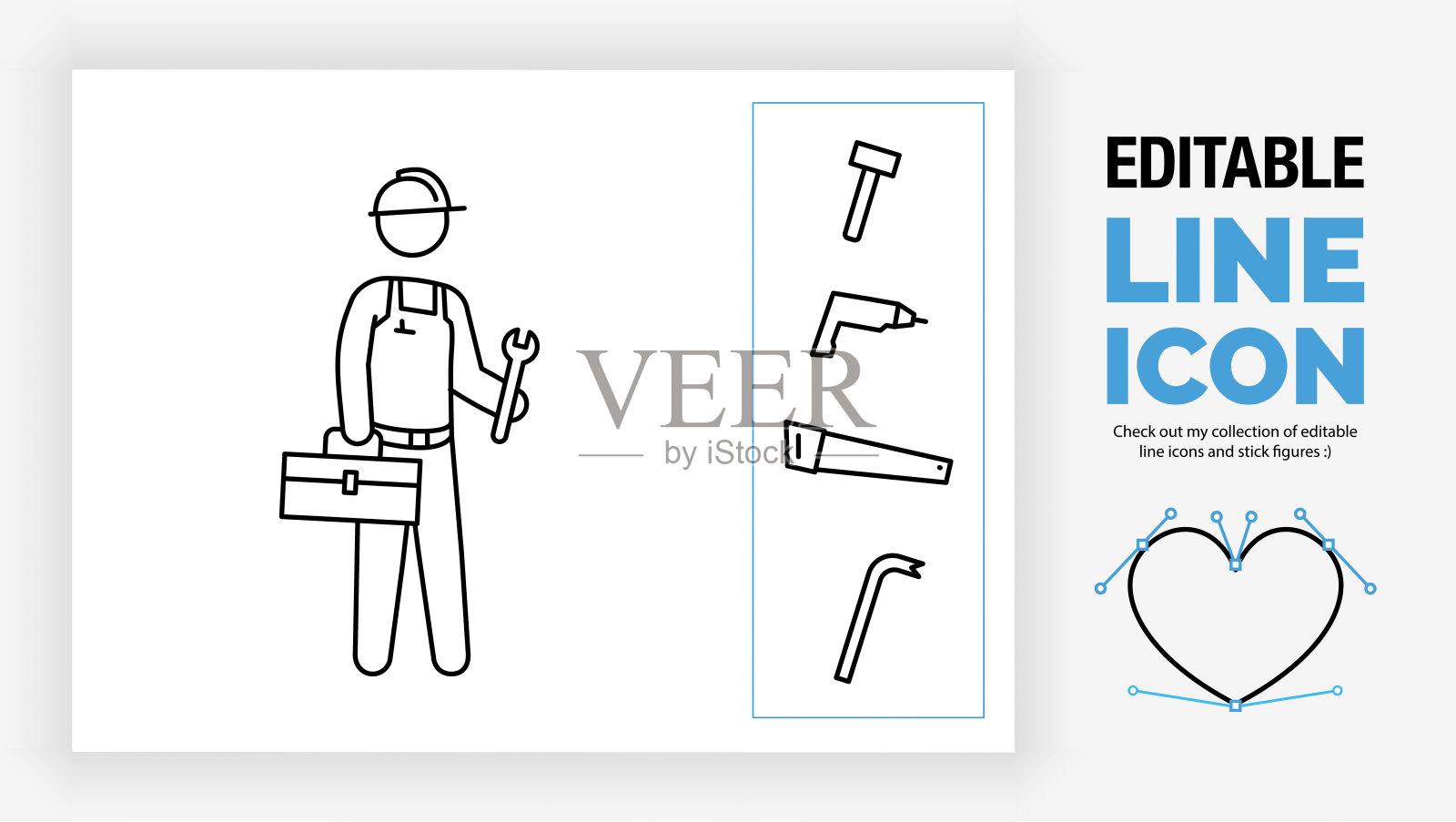 可编辑的线条图标的简笔画杂工与建设工具箱插画图片素材
