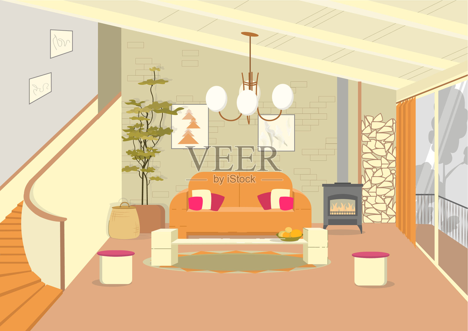 充满活力的阁楼风格设计师兼收并蓄的客厅插画图片素材