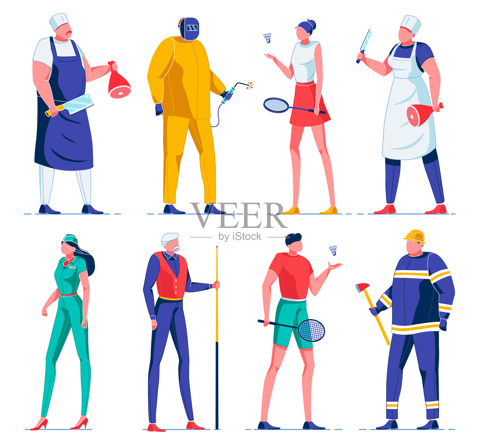卡通屠夫，电工，羽毛球运动员插画图片素材
