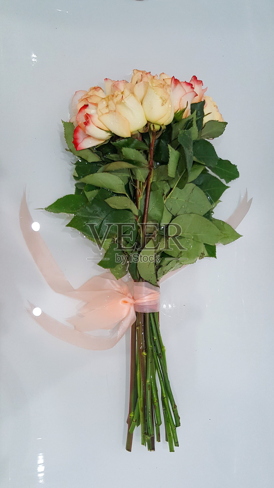 美丽精致的玫瑰花束用粉红色的丝带系着。从上面看，水中有一束玫瑰照片摄影图片