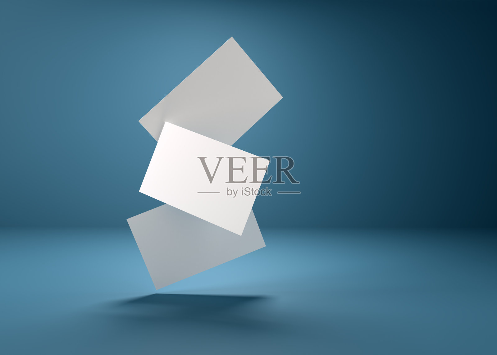 3 d演示。三张空间名片，用于品牌的阴影，在蓝色背景上。照片摄影图片