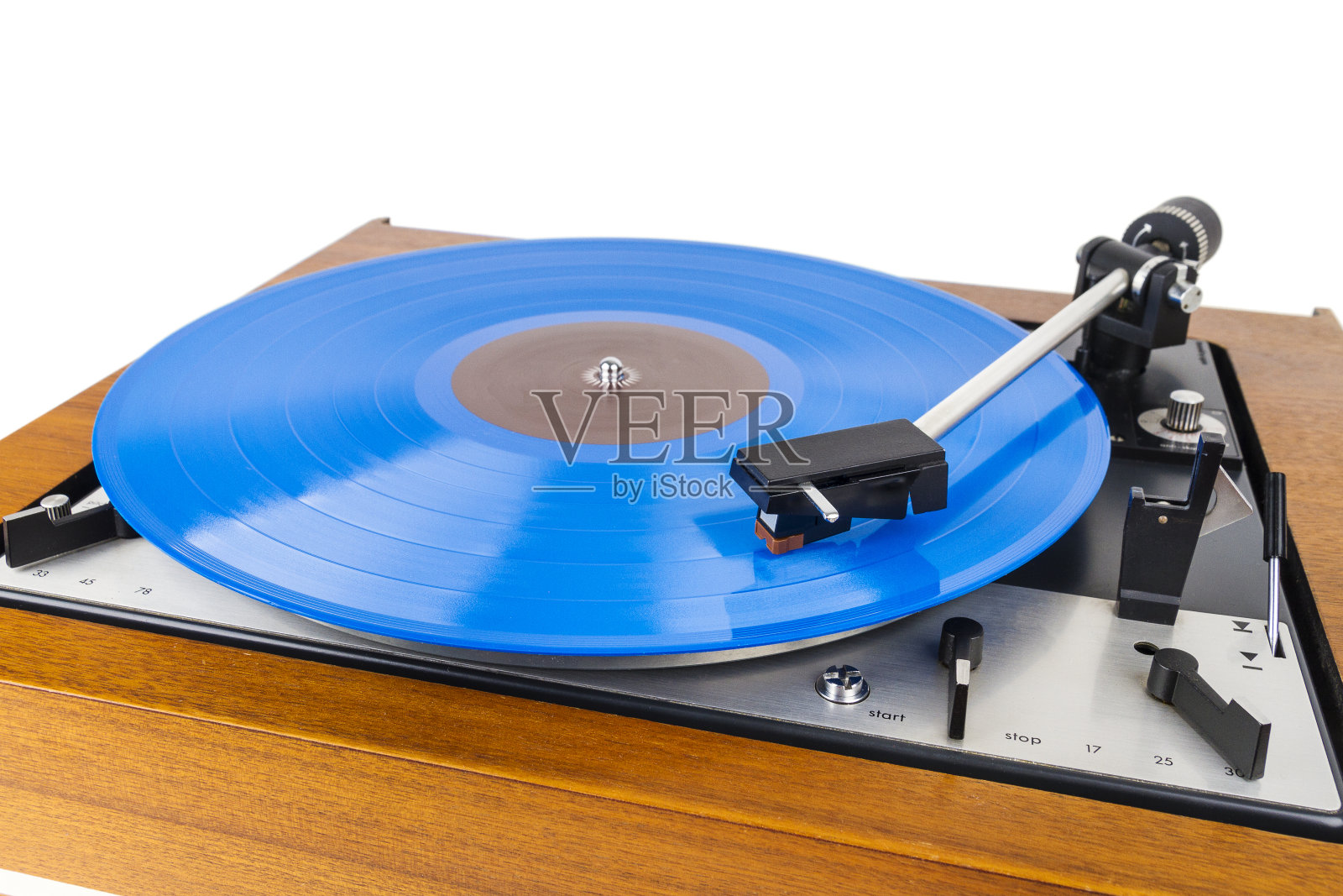 复古转盘与蓝色乙烯基隔离在白色照片摄影图片