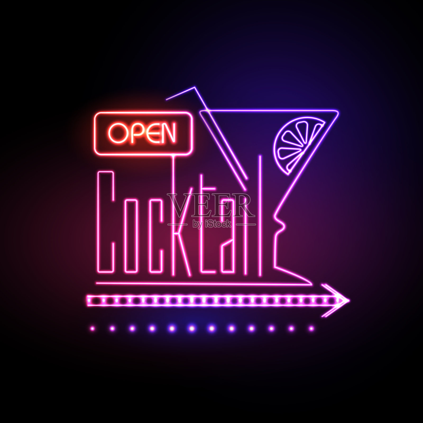 霓虹灯鸡尾酒吧。矢量图插画图片素材