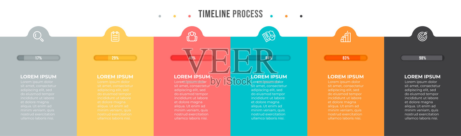 业务信息图。时间轴设计矩形模板与图标和6个选项，步骤或过程。插画图片素材