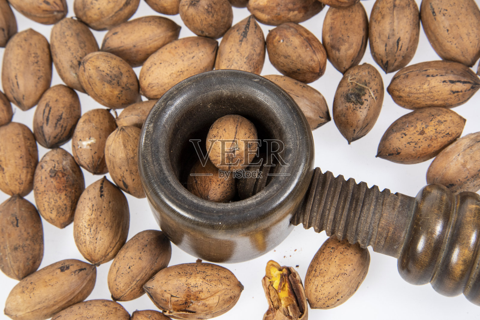 澳大利亚山核桃果实收获后用老式的木螺母夹紧器夹紧。照片摄影图片