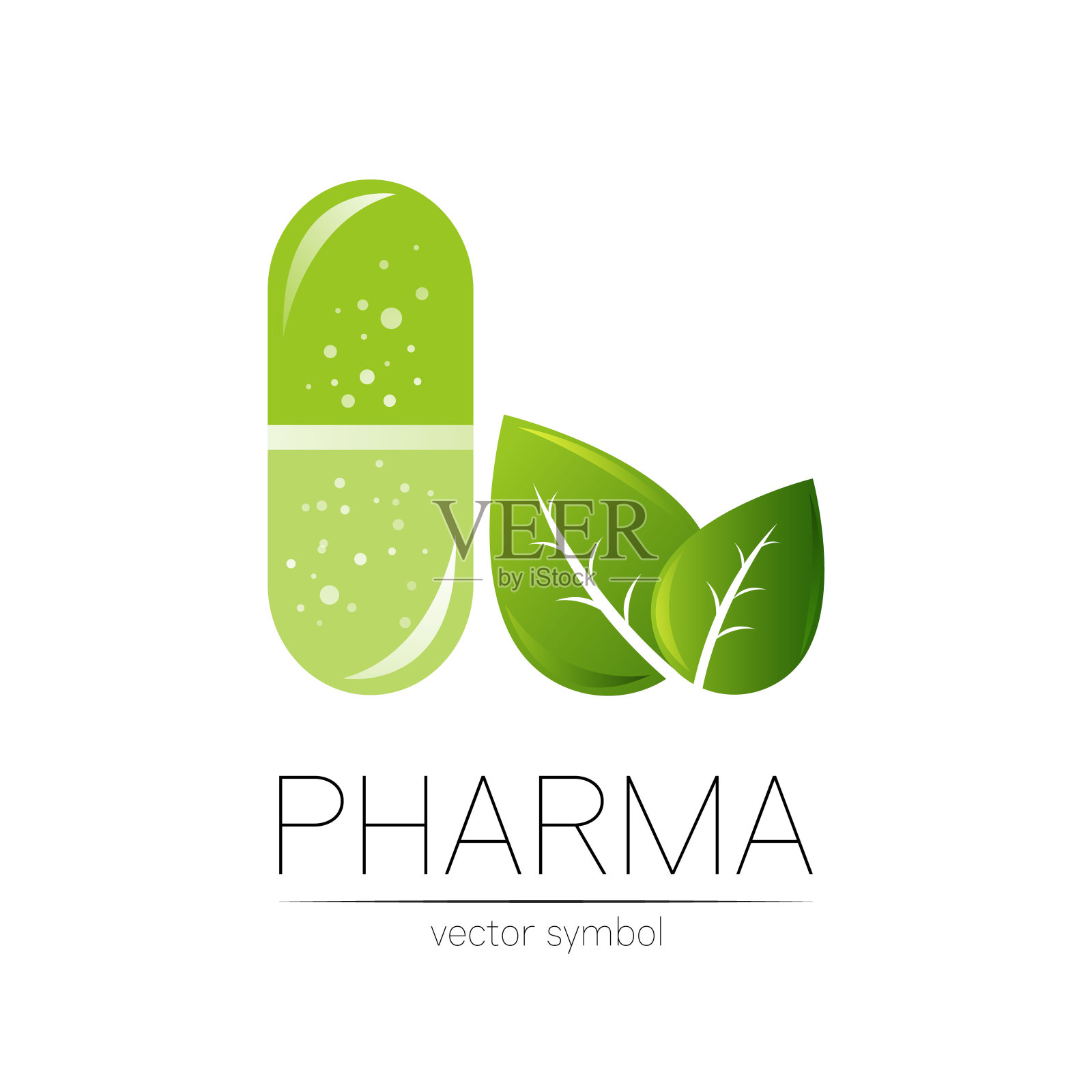 医药矢量符号，绿叶代表药剂师，药店，医生和药品。现代设计向量上的白色背景。医药蓝象片剂丸胶囊。健康插画图片素材
