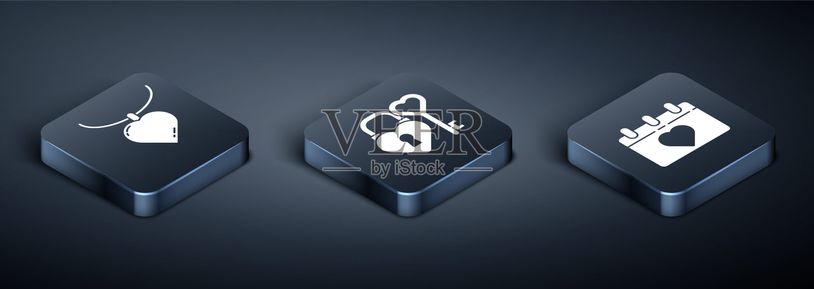 设置等距项链心形吊坠，日历与3月8日城堡和钥匙在心形图标。向量图标素材