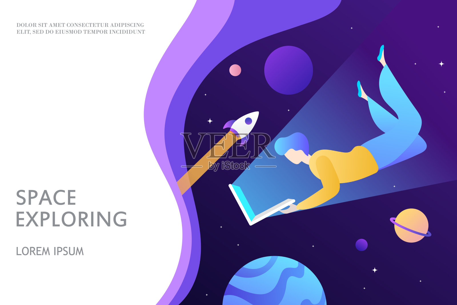 人类在太空中飞行，看着笔记本电脑。远程工作和新技术。矢量插图。模板为网页，横幅，海报，着陆，演示。插画图片素材