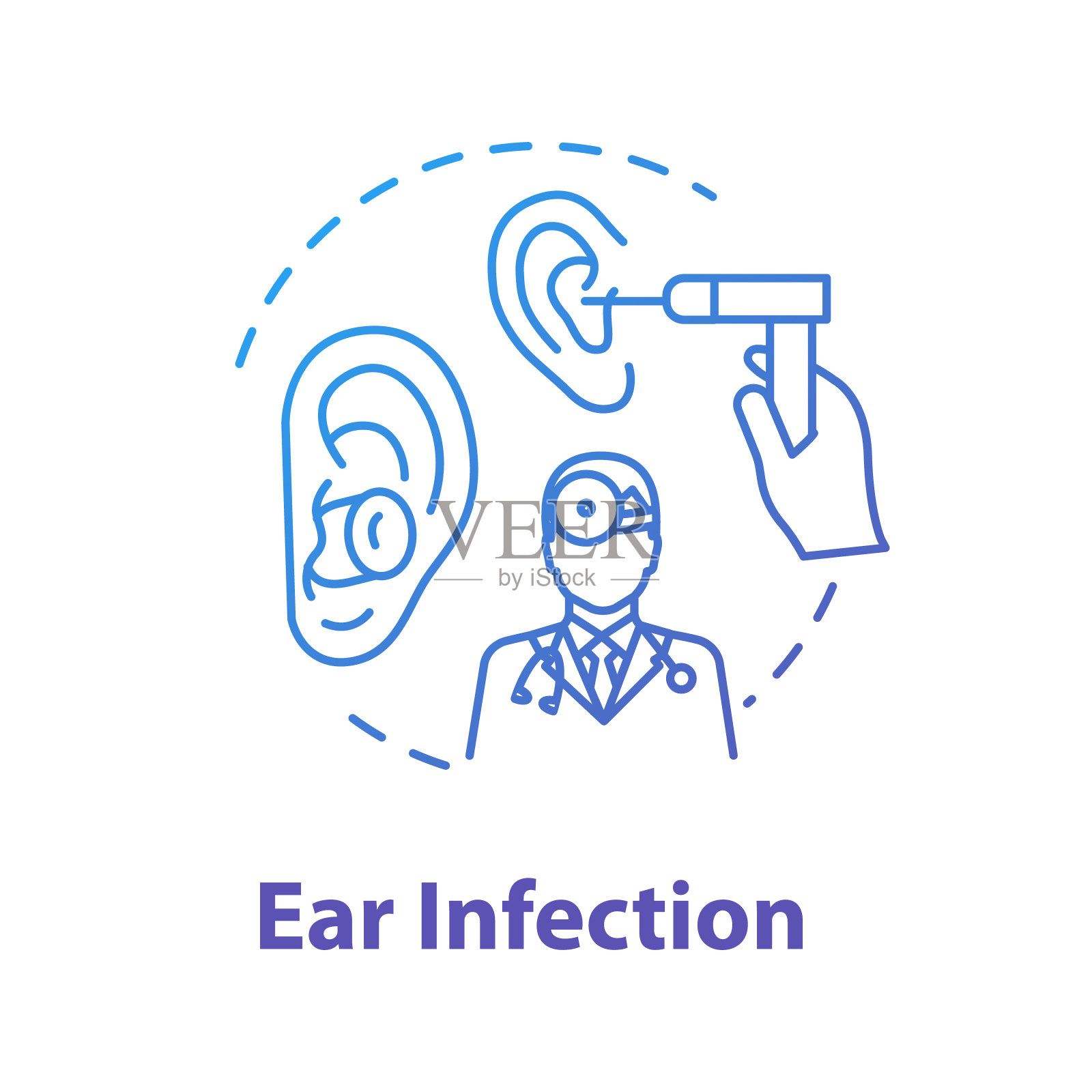 耳部感染概念图标。医生检查。耳炎的诊断。医生检查病人。医学检查。耳鼻喉科观念细线图解。矢量隔离轮廓RGB彩色绘图插画图片素材