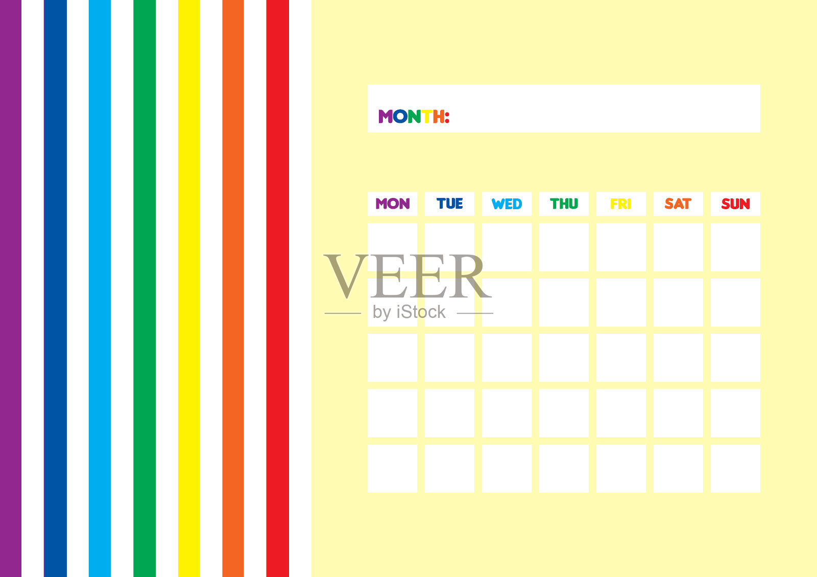 可印刷空白每月彩虹日历星期一开始设计模板素材