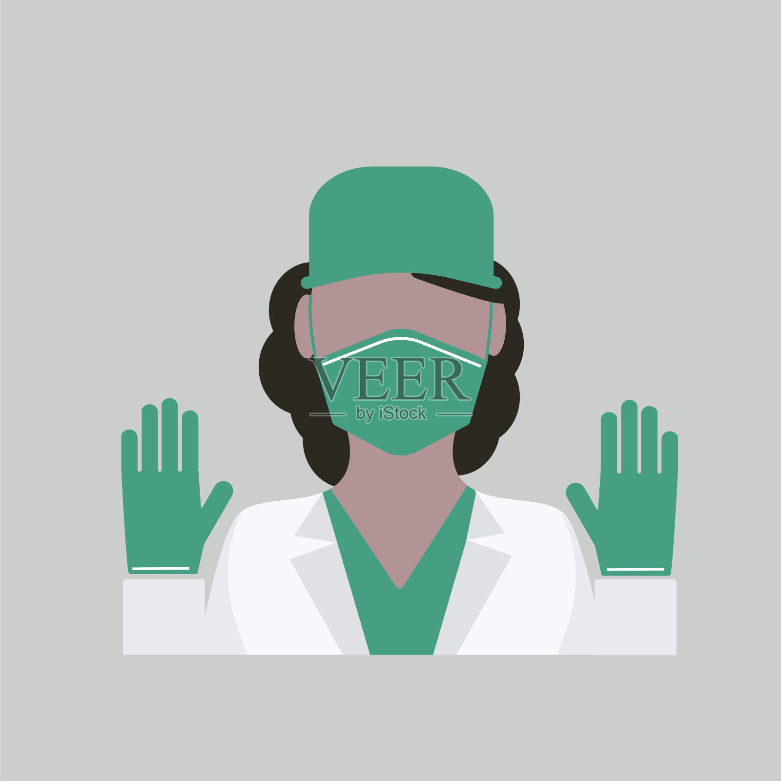 女医生，深色皮肤，棕色头发。身着绿色医用手套、白大褂、绿帽的女医生插画图片素材