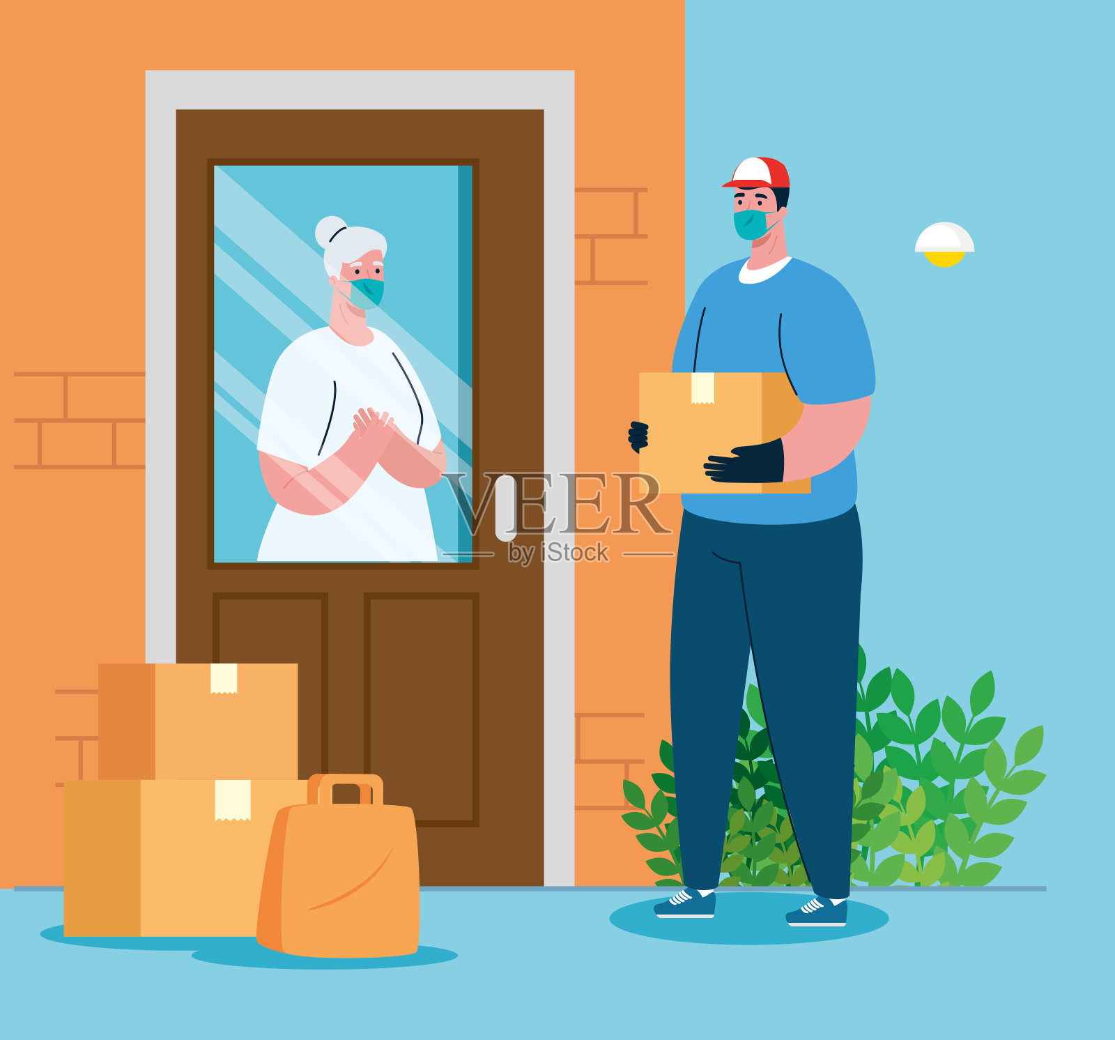 快递员和老客户用口罩和盒子矢量设计插画图片素材