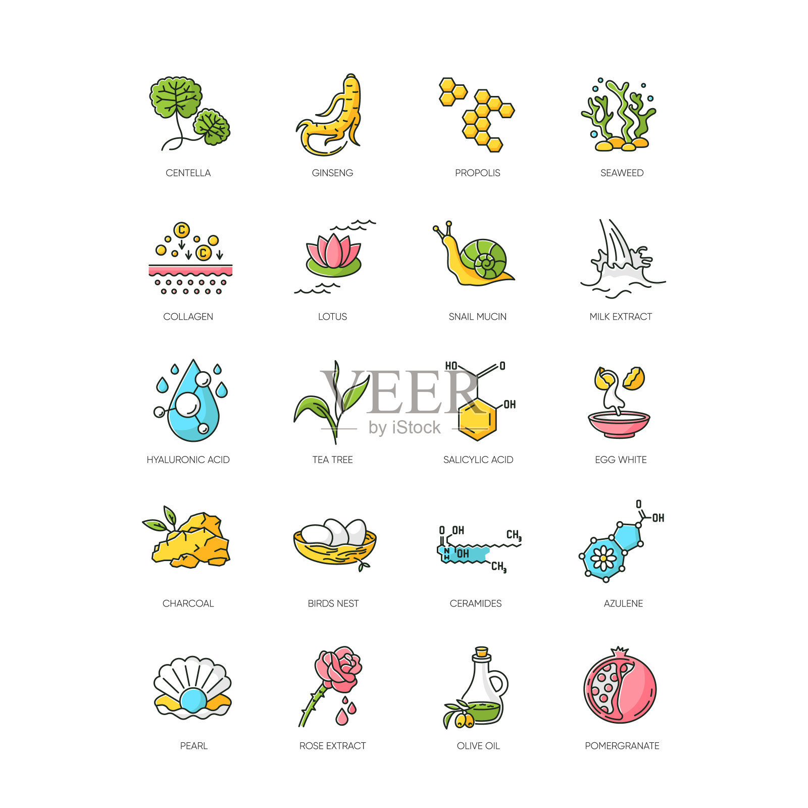 化妆品成分RGB颜色图标集。蜂胶是皇家蜂蜜。去死皮治疗。胶原蛋白、神经酰胺。化学公式。美容,皮肤。韩美。孤立的矢量插图图标素材