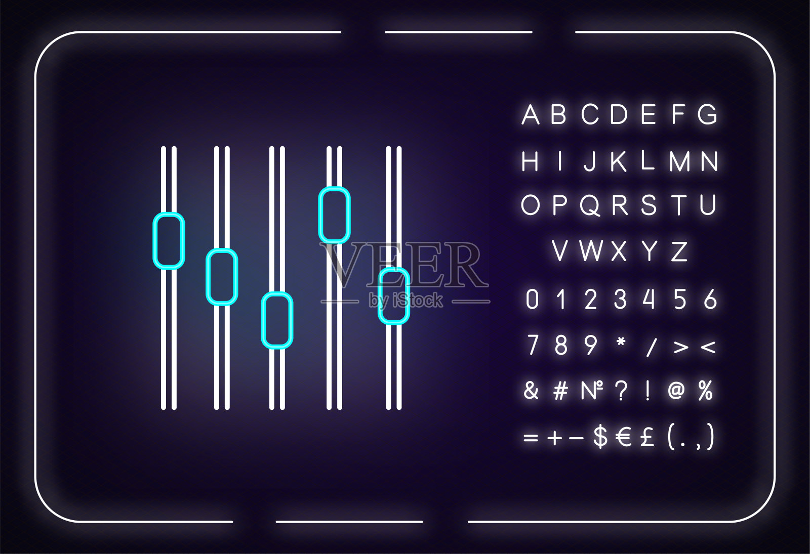 音乐均衡器霓虹灯图标。外发光效果。用字母、数字和符号签名。声音调整。夜总会音乐，DJ职业。矢量隔离RGB颜色插图插画图片素材