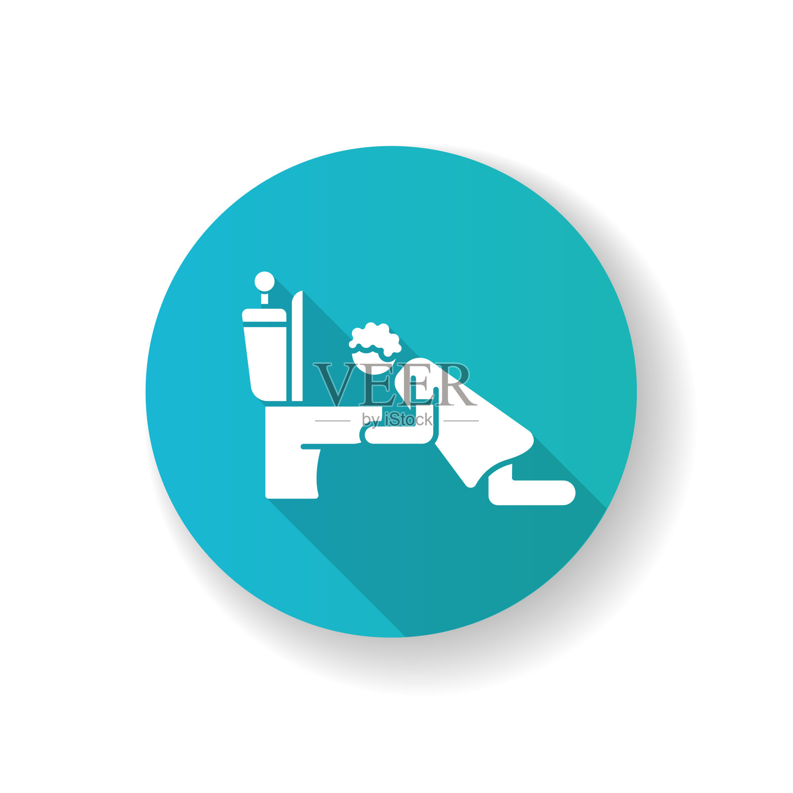 恶心的蓝色平面设计长阴影字形图标。晨吐。怀孕的早期症状。孕妇呕吐。在厕所呕吐。流感病毒引起的疾病。剪影RGB彩色插图插画图片素材