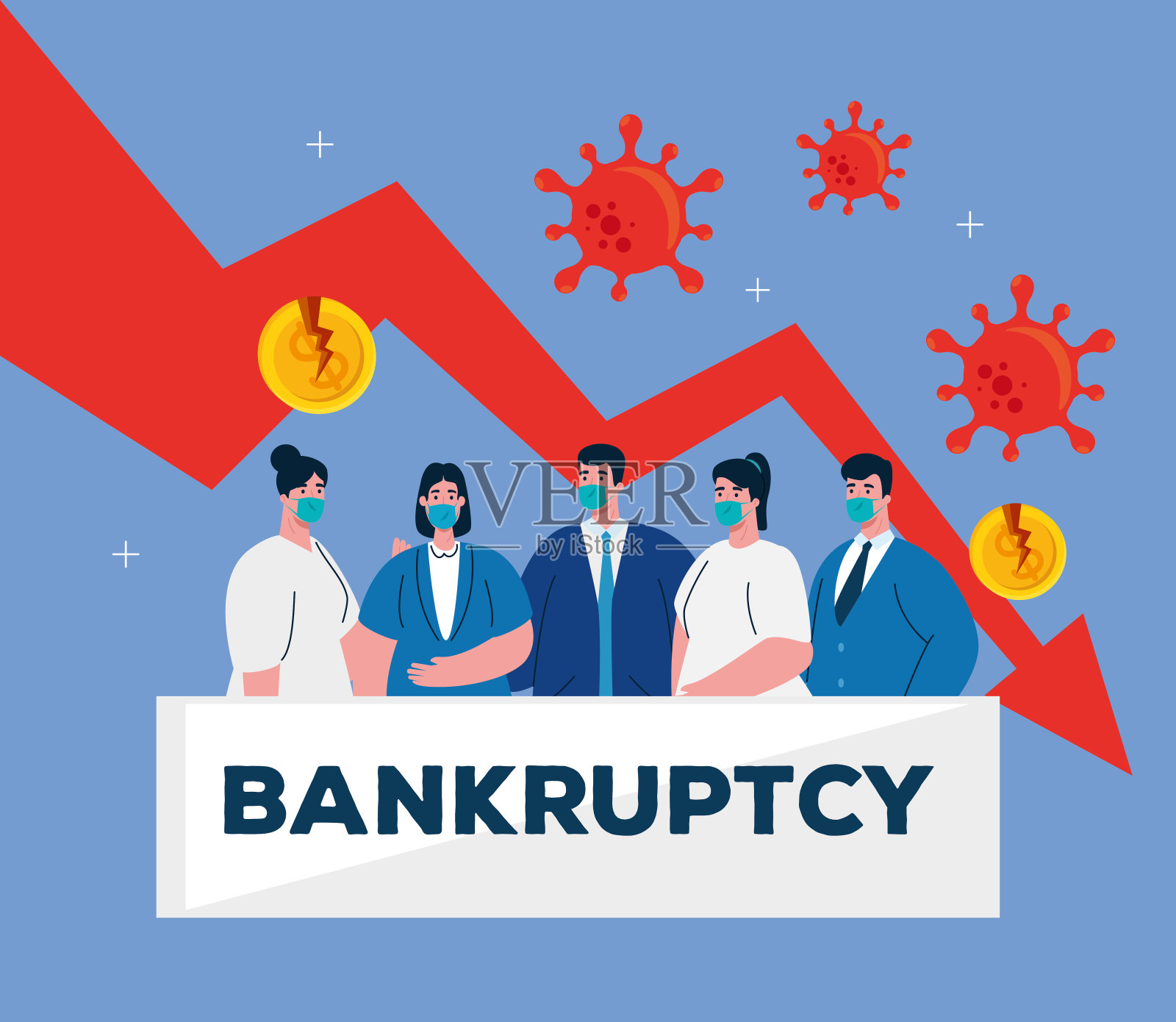 商人带着面具和减少箭头的破产矢量设计插画图片素材