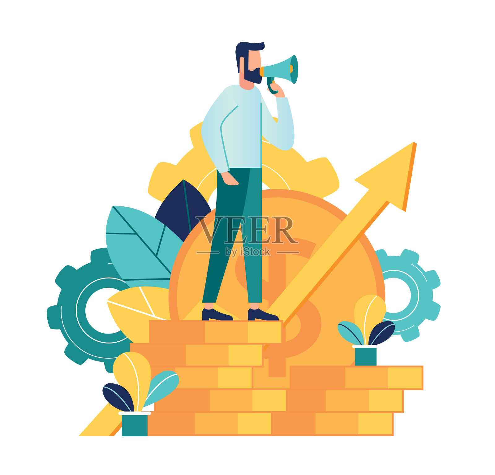 站在硬币上的人对着扩音器说话插画图片素材