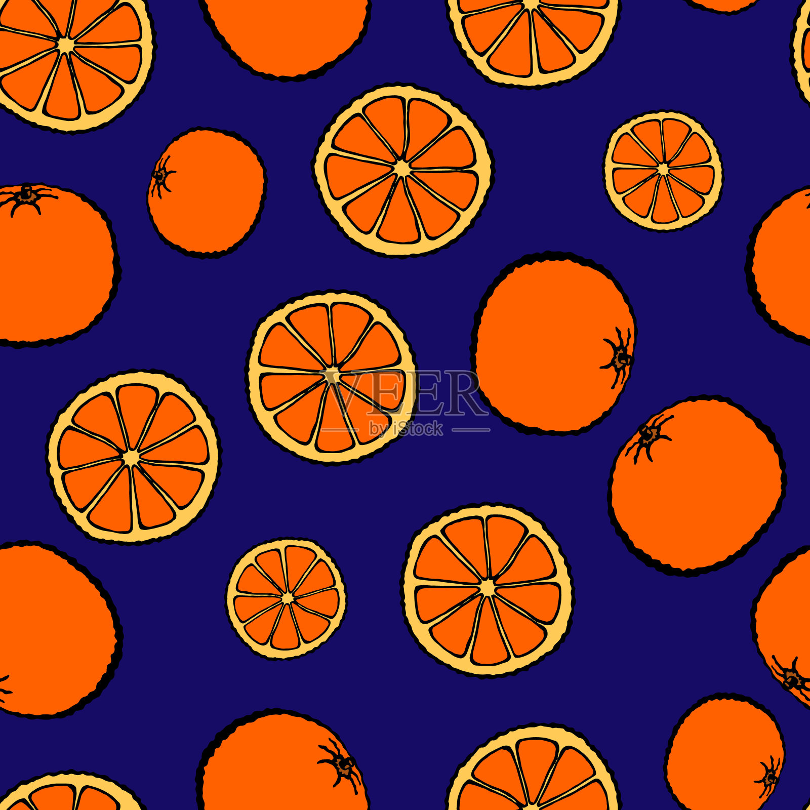 无缝模式与手绘水果元素橙色。素食壁纸。用于设计包装、纺织品、背景、设计明信片和海报。插画图片素材